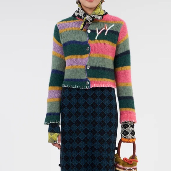Yanyan Knits Alpaca Stripe Logo Multicolored Button Cardigan Sweater size small - Picture 2 of 15